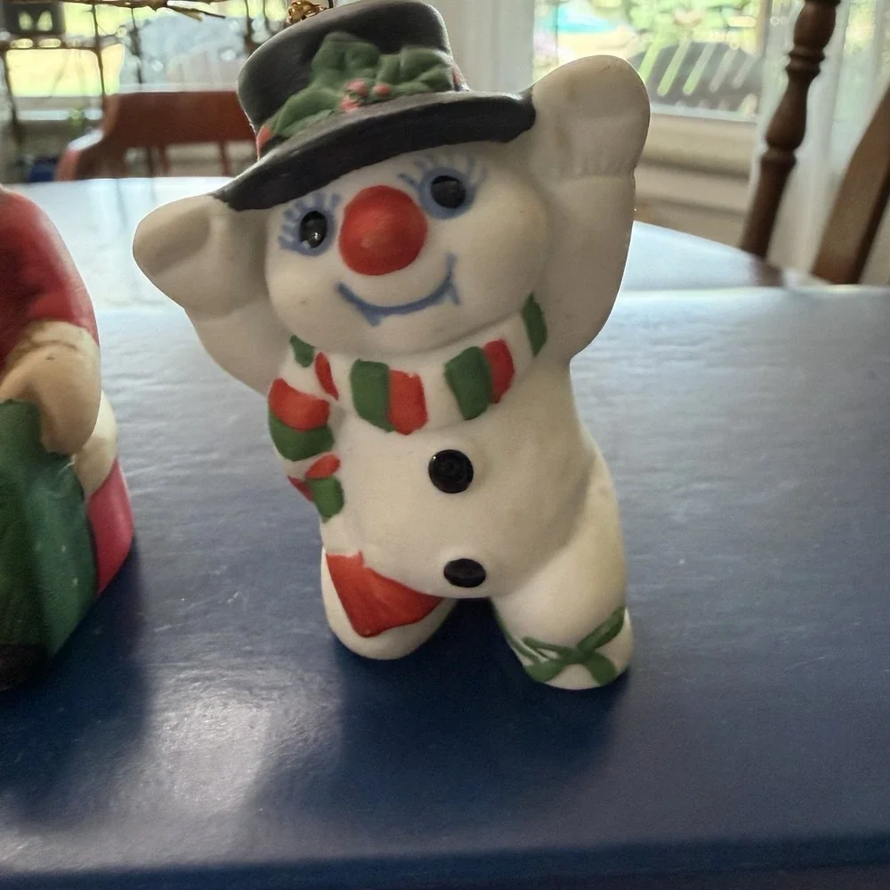 Vintage Bisque Ceramic Santa & Snowman Christmas Ornaments Set Of 2